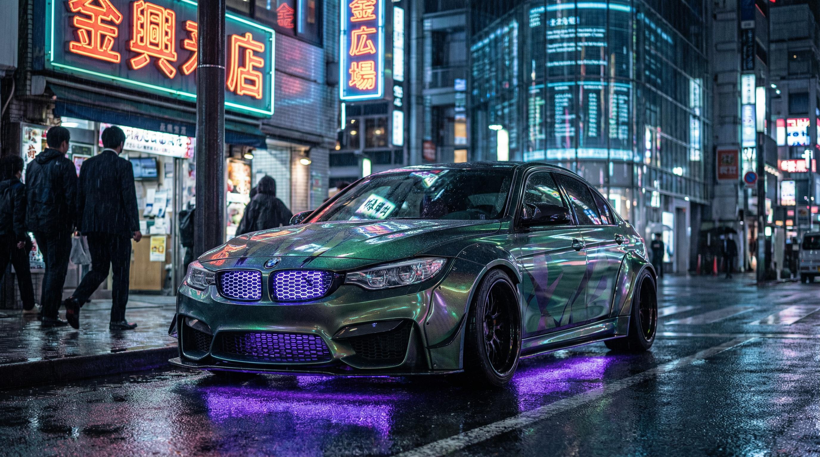 小马拉大车绿色改装轿车夜景灯光视频